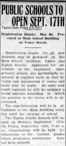 Public Schools to Open TDP Sep 5 1917